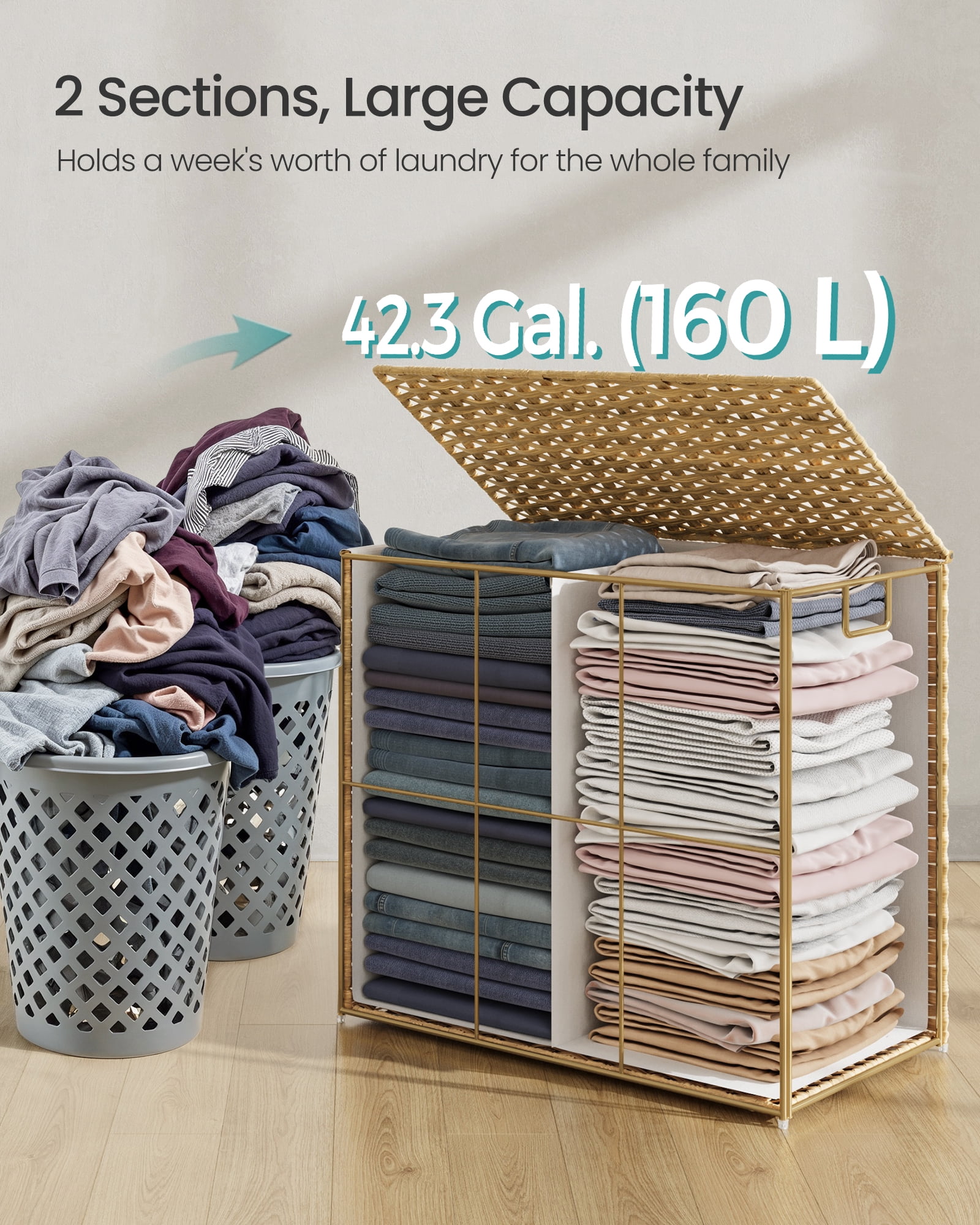 42.3 Gallon Foldable Laundry Hamper with Lid, Synthetic Rattan Storage Basket with Removable Liner & Handles, 160L Capacity, Natural