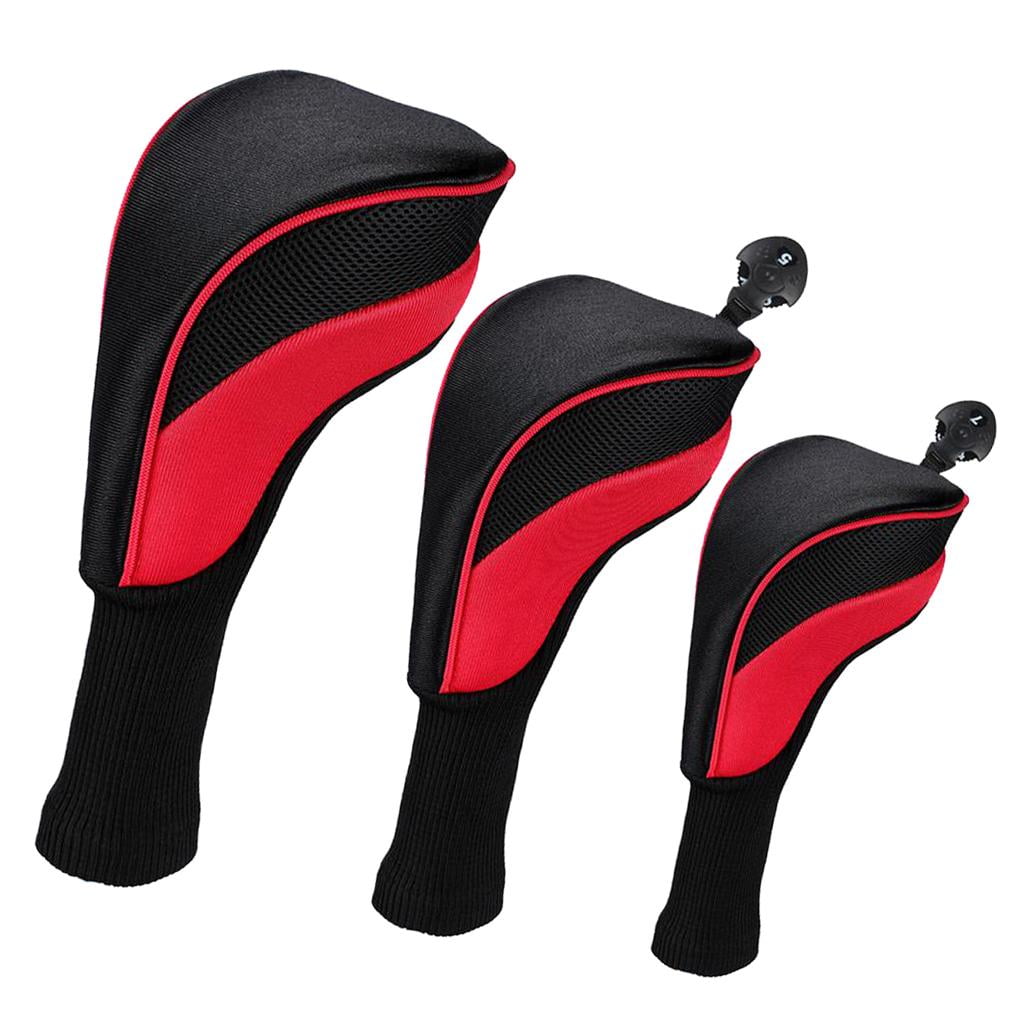 funtasica 3pcs Golf wood top Cover Mesh Long Neck 400cc Driver Headcover Sleeves - Red