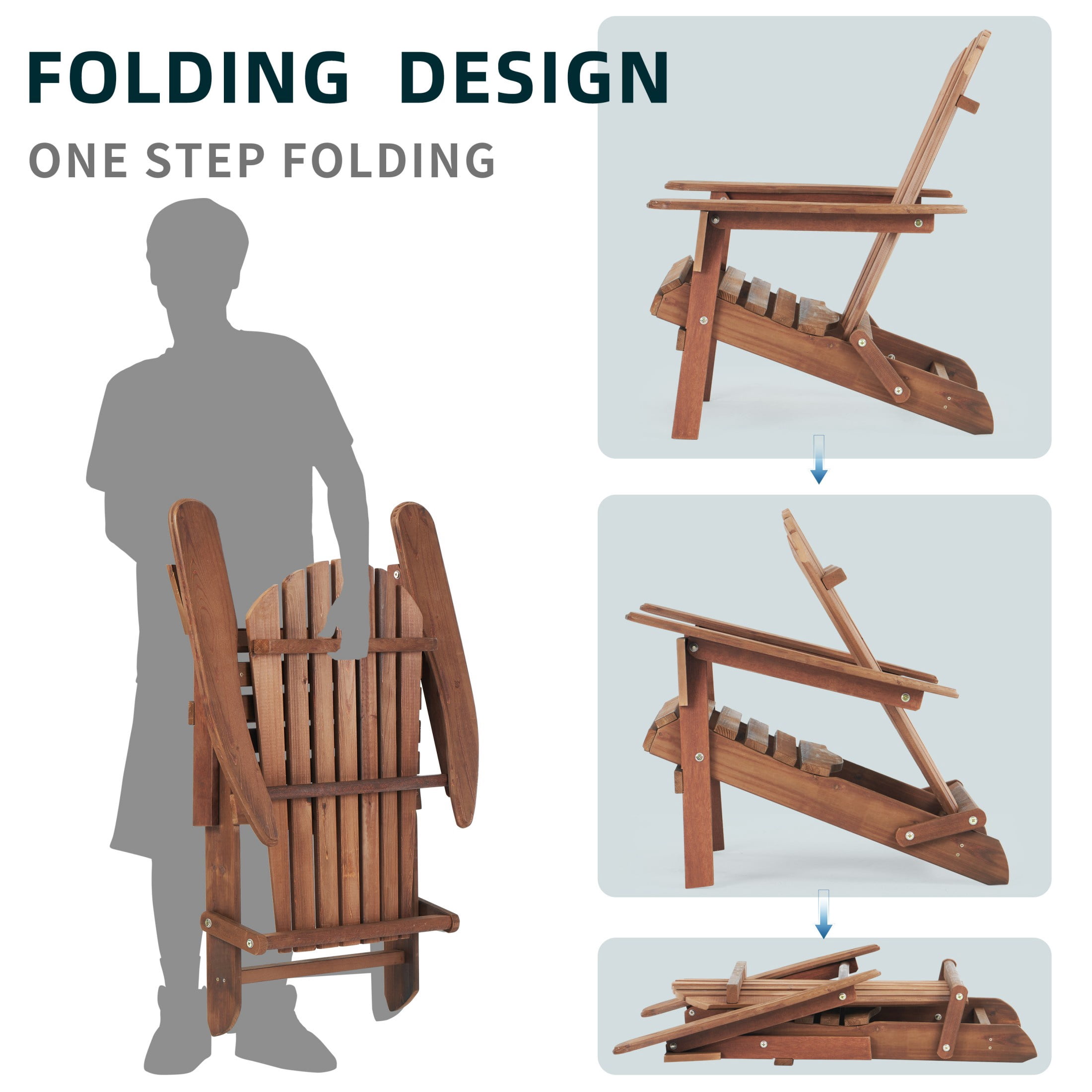 UHOMEPRO Folding Adirondack Chair Set of 4, Outdoor Weather Resistant Patio Lawn Chair, Wooden Fire Pit Chair for Outside Deck Garden Backyard Balcony, Patio Furniture Set Lounge Chairs, Brown