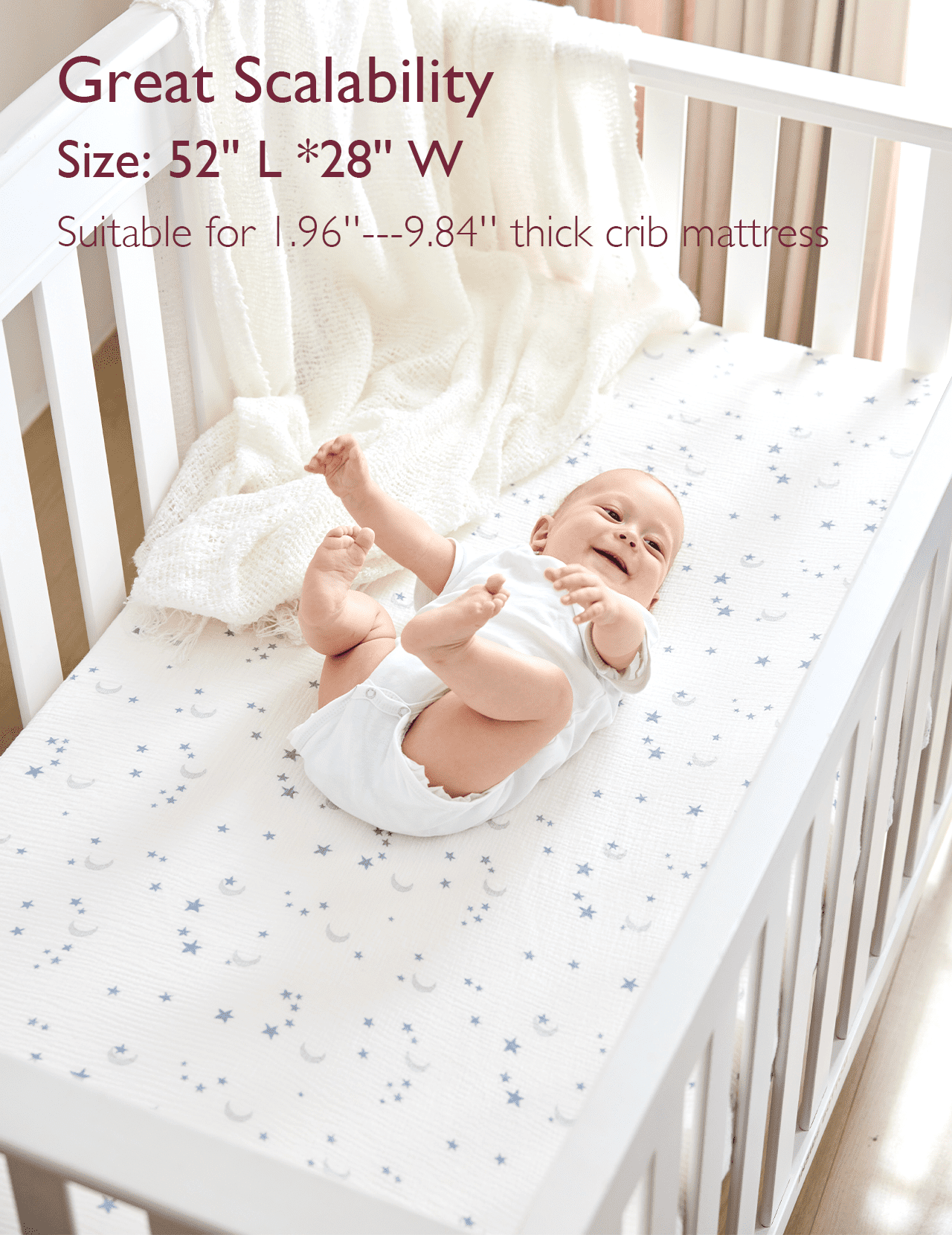 Momcozy Baby Muslin Standard Fitted Crib Sheets, Blue Star Moon Pattern, Infant Bedding