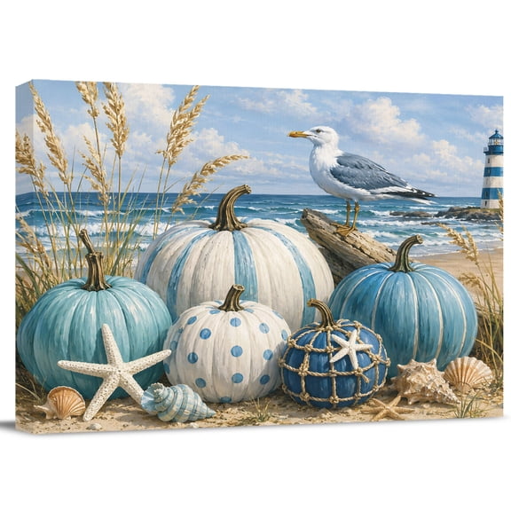 Coastal Fall Canvas Print Wall Art, Summer Coastal Blue Pumpkin Seagull Starfish Seashell Wall Decor Modern Artwork Paintings Pictures for Living Room Framed Ready to Hang - 16" x 20"