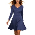 thumbnail image 2 of ChaoHeng Womens Dresses Summer Solid V Neck Long Sleeve A Line Faux Wrap Flare Knee Length Casual for Navy S, 2 of 9