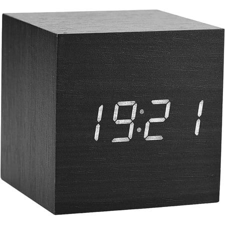 Hakeeta Wooden Cube Alarm Clock with Voice Control Function, Digital Clock Displays Time&Temperature for Kids, Bedrooms, Home, Dormitory etc (Black)