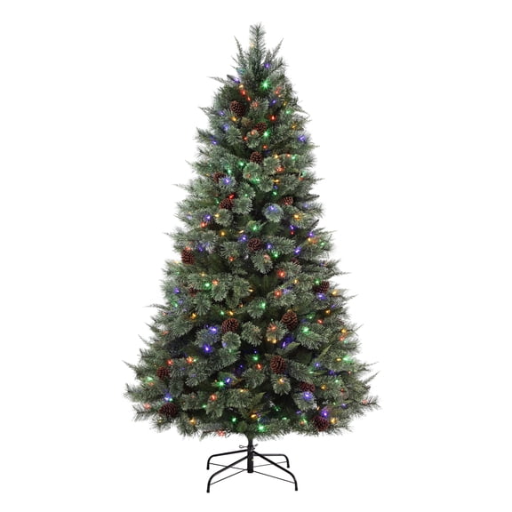 Haute Decor 7 Ft. Cypress Cashmere Pine Tree with 8 Different Light Settings Including Twinkle and Multicolor - Pre-Lit Christmas Tree with Real Pinecones, T5 LED Lights and Foot Pedal