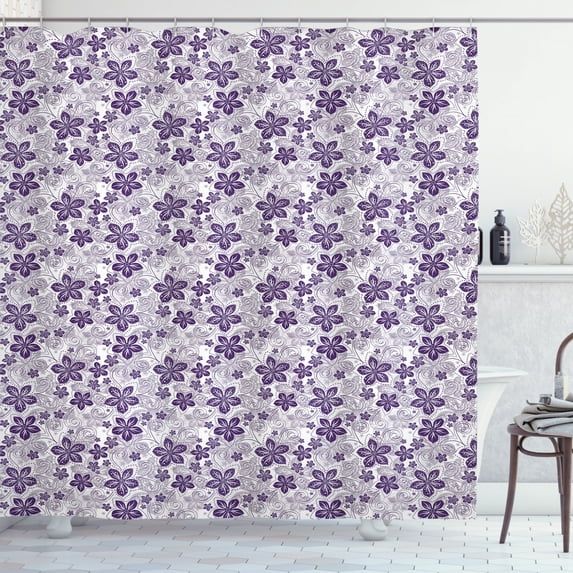 Floral Shower Curtain, Graphic Abstract Gardening Theme with Stylized Petals and Curves, Fabric Bathroom Set with Hooks, 69W X 84L Inches Extra Long, White Purple and Purple Grey, by Ambesonne