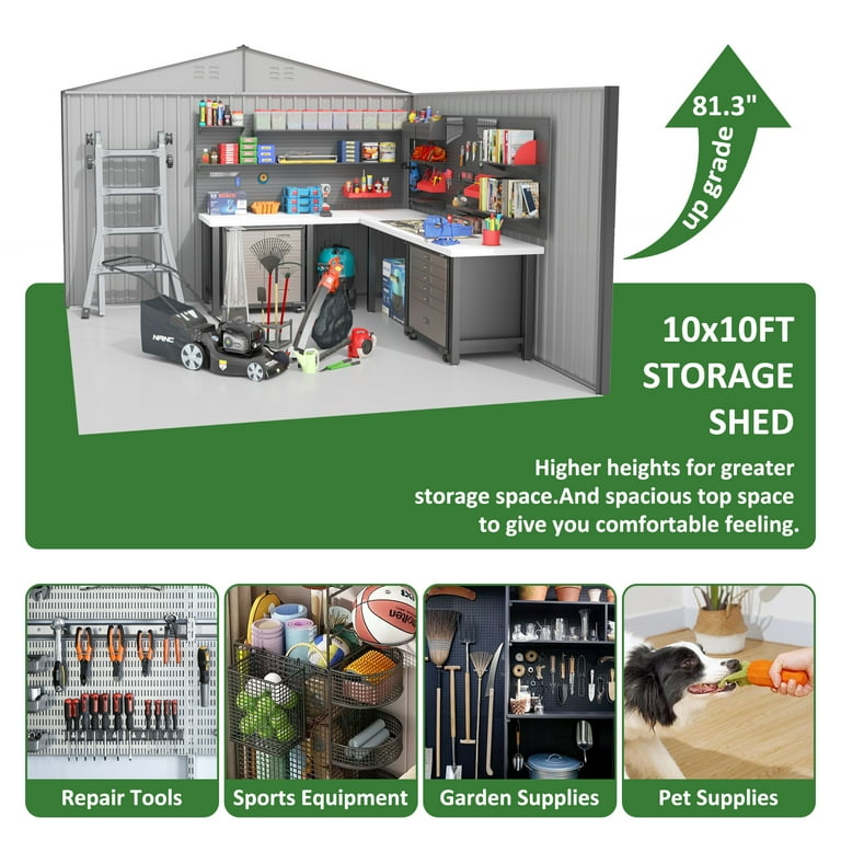 NETAJE 10'x10' Outdoor Metal Shed with Updated Frame, Lockable