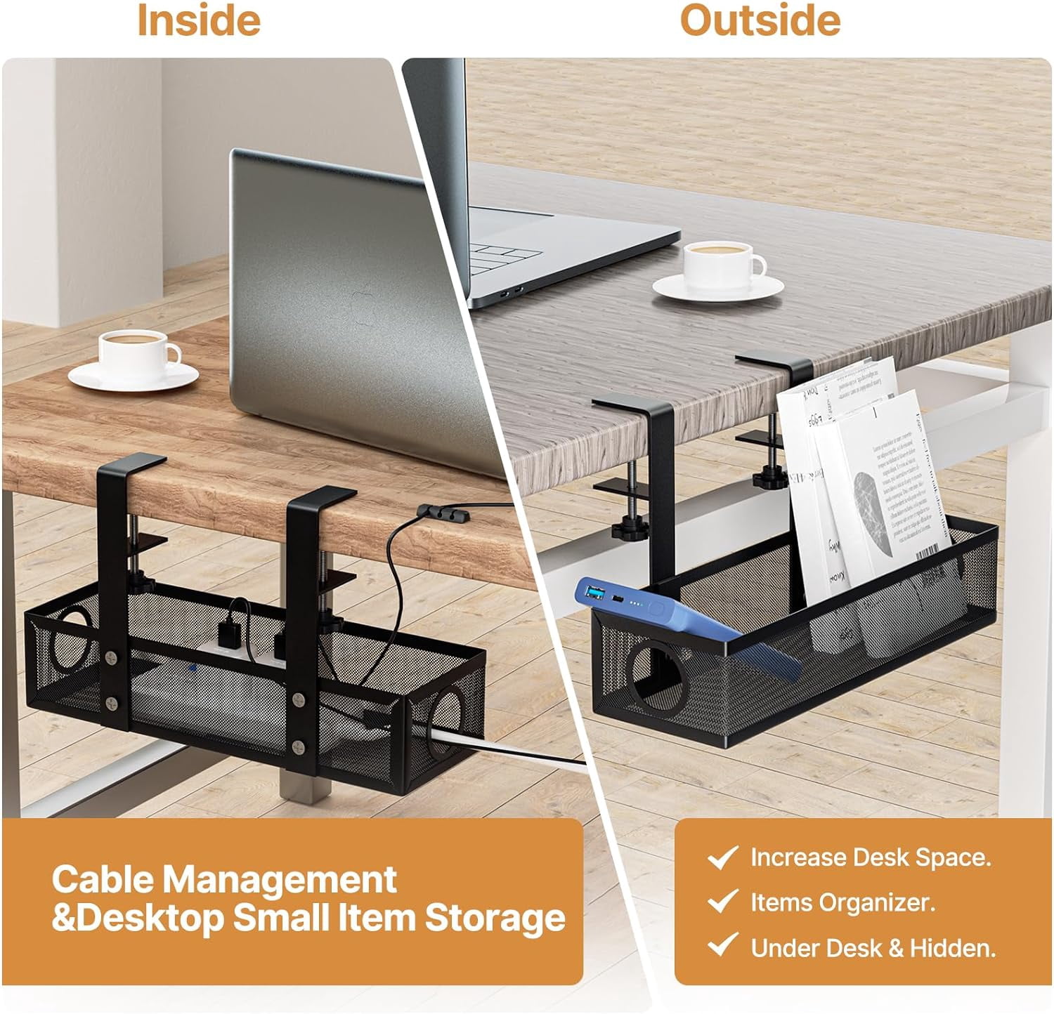 Under Desk Cable Management Tray,Cable Management Under Desk No Drill,Cable Tray with Clamp for Desk Wire Management,Desk Cable Management Box for Office,Home