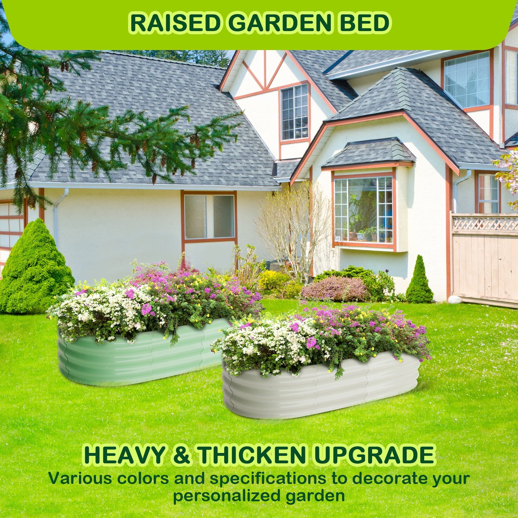 Kicctian 2 Pack 4.5x2x1ft Galvanized Raised Garden Beds Outdoor, Oval Metal Planter Boxes, Ideal for Vegetables, Flowers - Olive Green