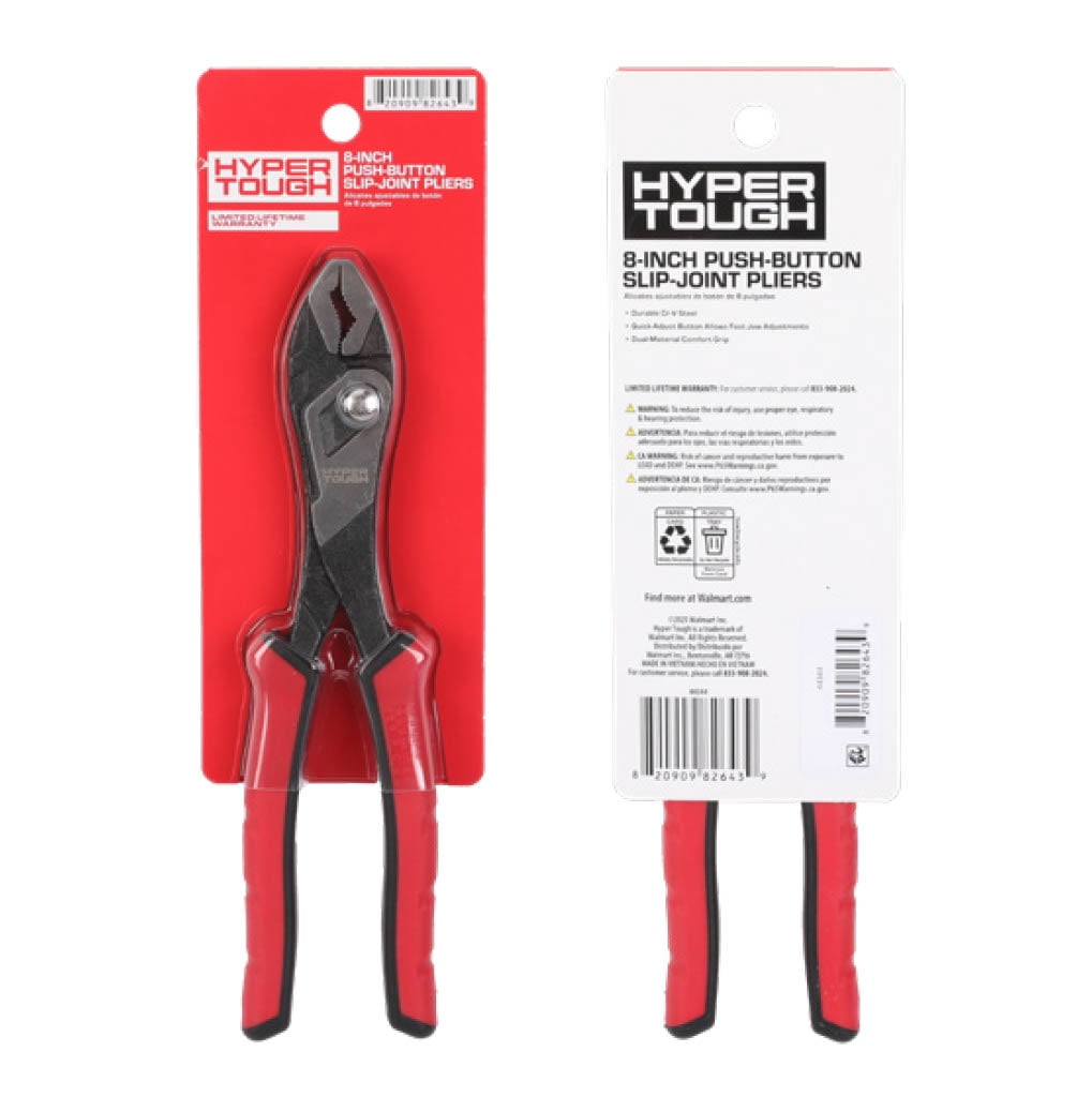 Hyper Tough 8-inch Push-button Slip-joint Pliers with Dual Material Comfort Grips