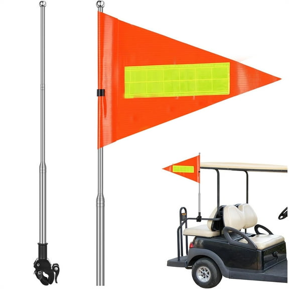 Duslogis Golf Cart Flag Pole Reflective Orange Safety Flag 8.7 x 11.8 Inch Golf Cart Accessories 63 Inch Telescopic Pole Golf Cart Flag Mount Wheelchairs High Visibility