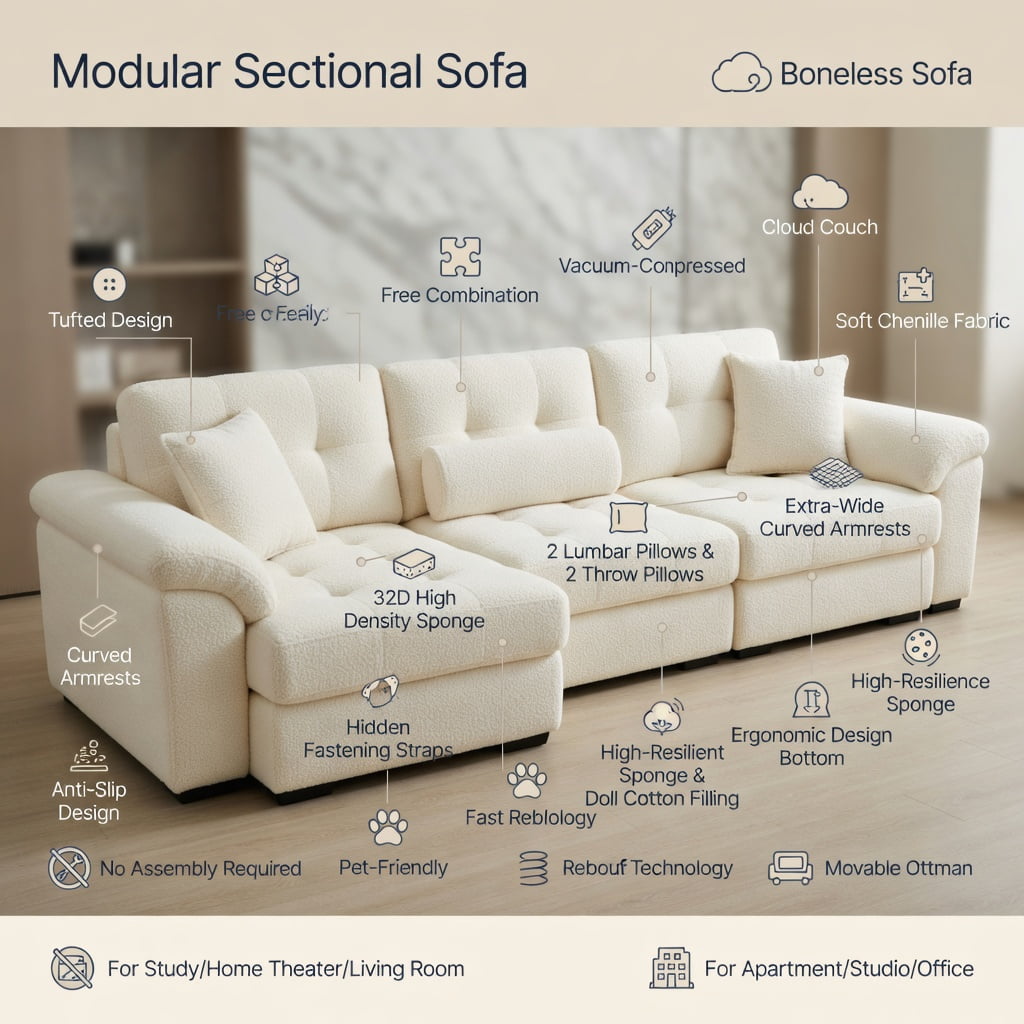 Hommoo Teddy Fleece 2-Seat Modular Sofa with Curved Backrest, Cloud-Like Double-Layer Cushions & 2 Movable Ottomans, Living Room Sectional Couch, Beige