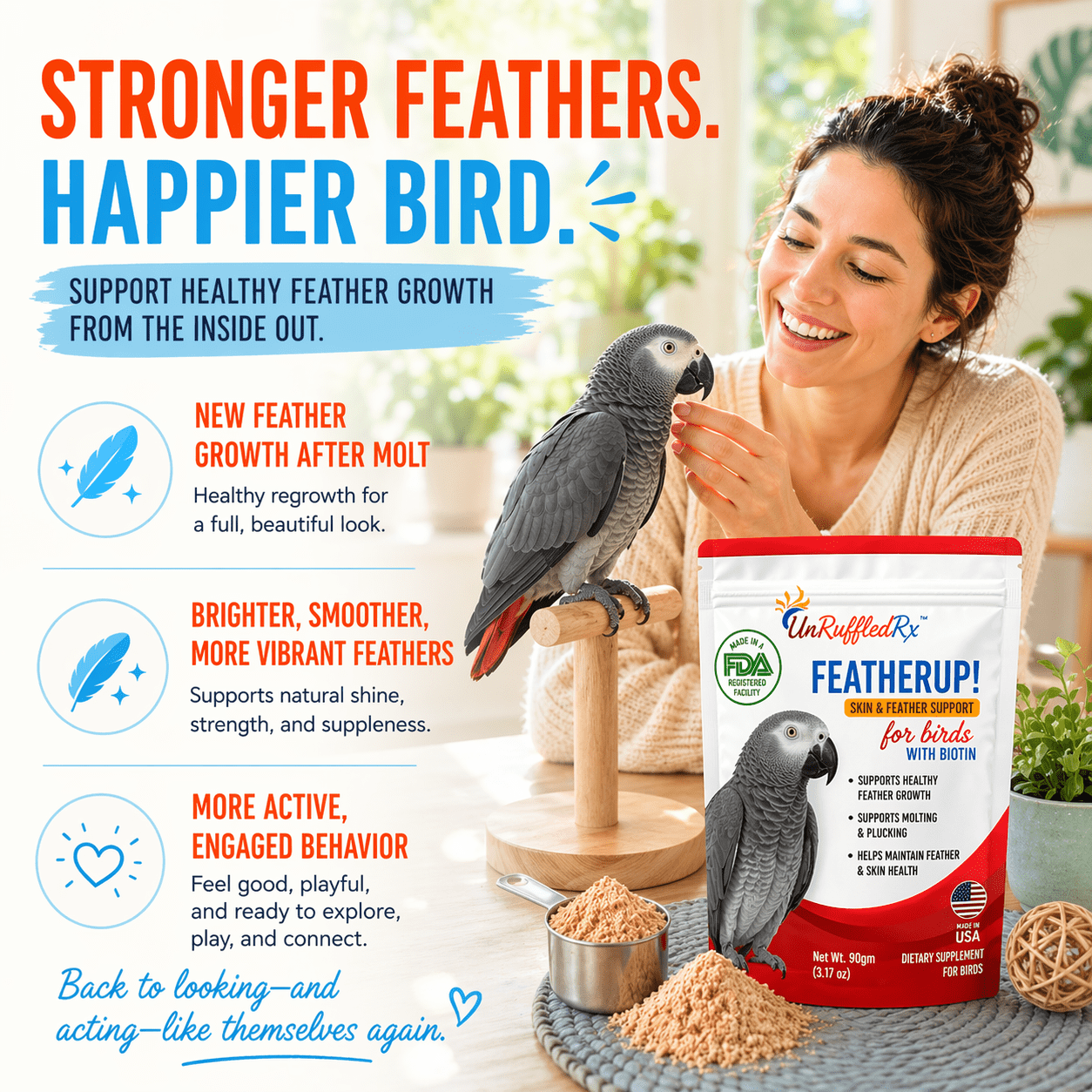 UnRuffledRx FeatherUp! Feather Growth Supplements for Parrots, 90 gm, 240 Count