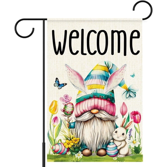 Easter Theme Welcome Garden Flag Easter Gnome Small Yard Flag 12x18 Inch Burlap Double Sided Outdoor Outside Patio Decor