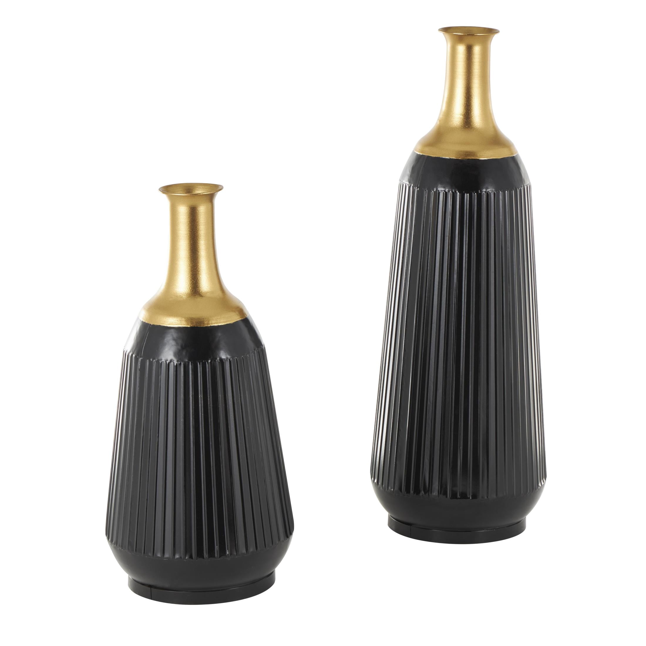 DecMode 30", 23"H Tall Ribbed Black Metal Vase with Gold Tops, Set of 2