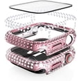 thumbnail image 2 of 3-Pack Crystal Diamond Bling Cases Compatible with Apple Watch 40mm Protective Bumper with Tempered Glass Protector for iWatch Series 7 6 5 4 3 2 1 SE, Rosegold/Pink/Clear, 2 of 5