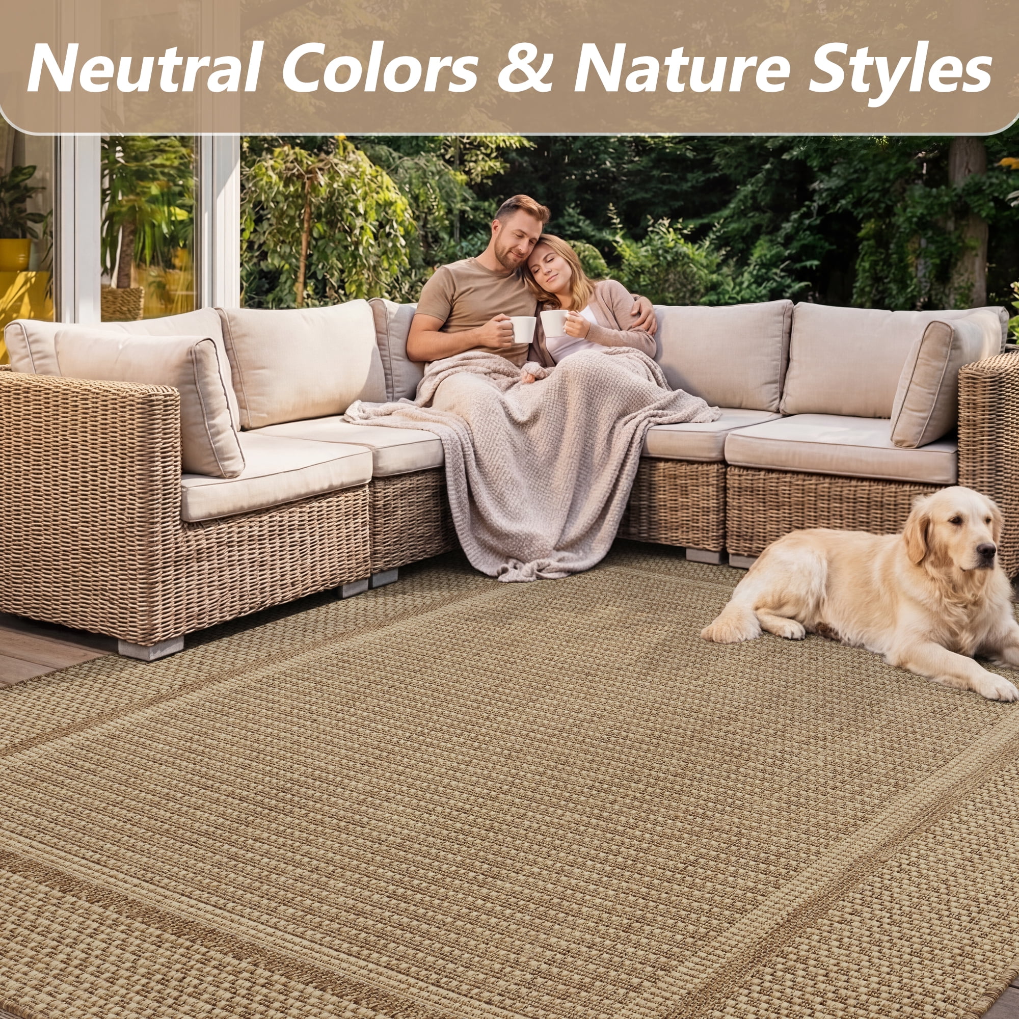 SIXHOME Outdoor Rugs 8'x10' Patio Rug Modern Bordered Indoor Outdoor Rugs Polypropylene Washable Non Shedding, Easy Clean, Waterproof, Durable Outdoor Carpet for Porch Balcony Deck Neutral Brown