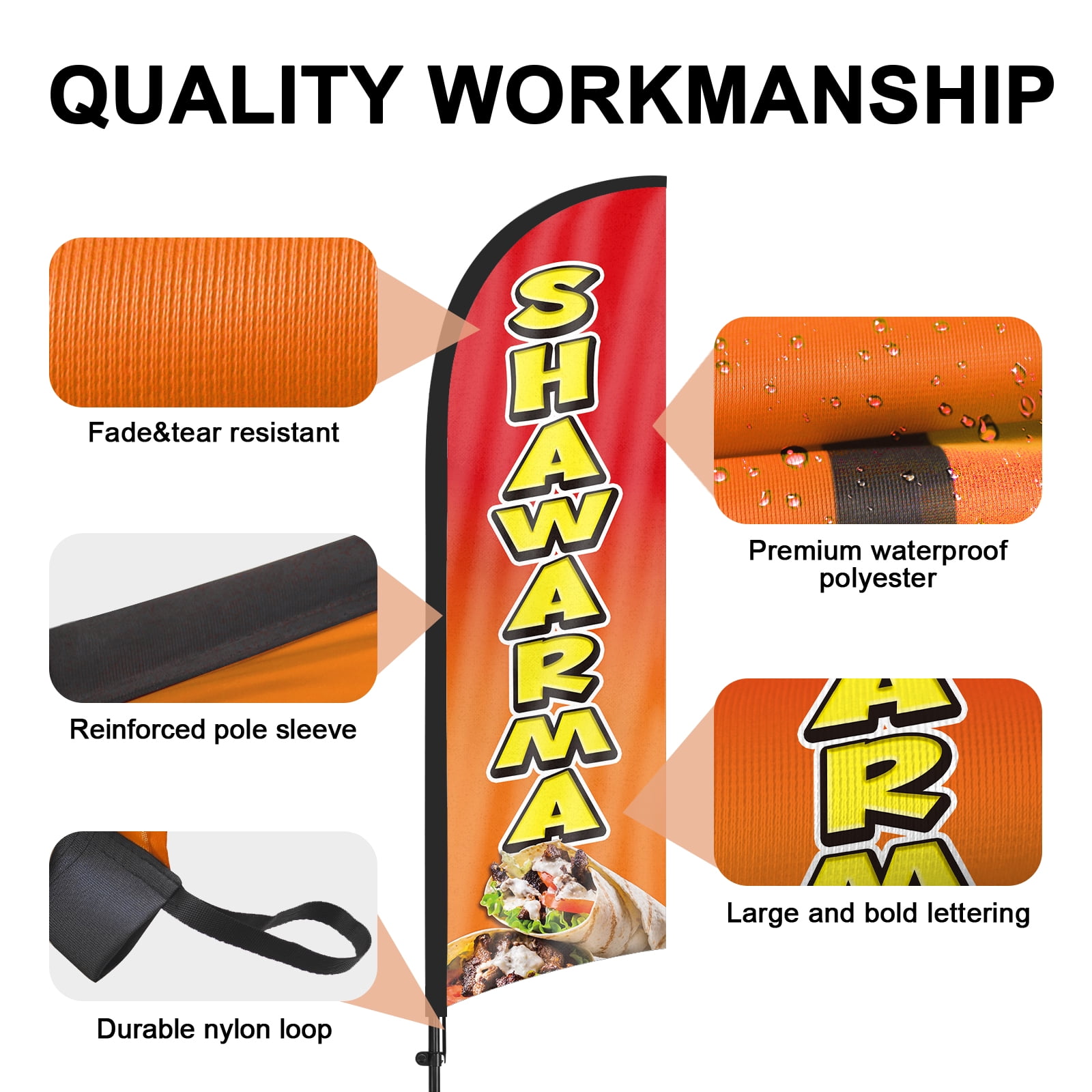 QSUM Shawarma Feather Flag with Flag Pole Kit and Ground Spike, 8.2FT Food Windless Flag Banner Sign Business for Outdoor Advertising Sign Decoration Display