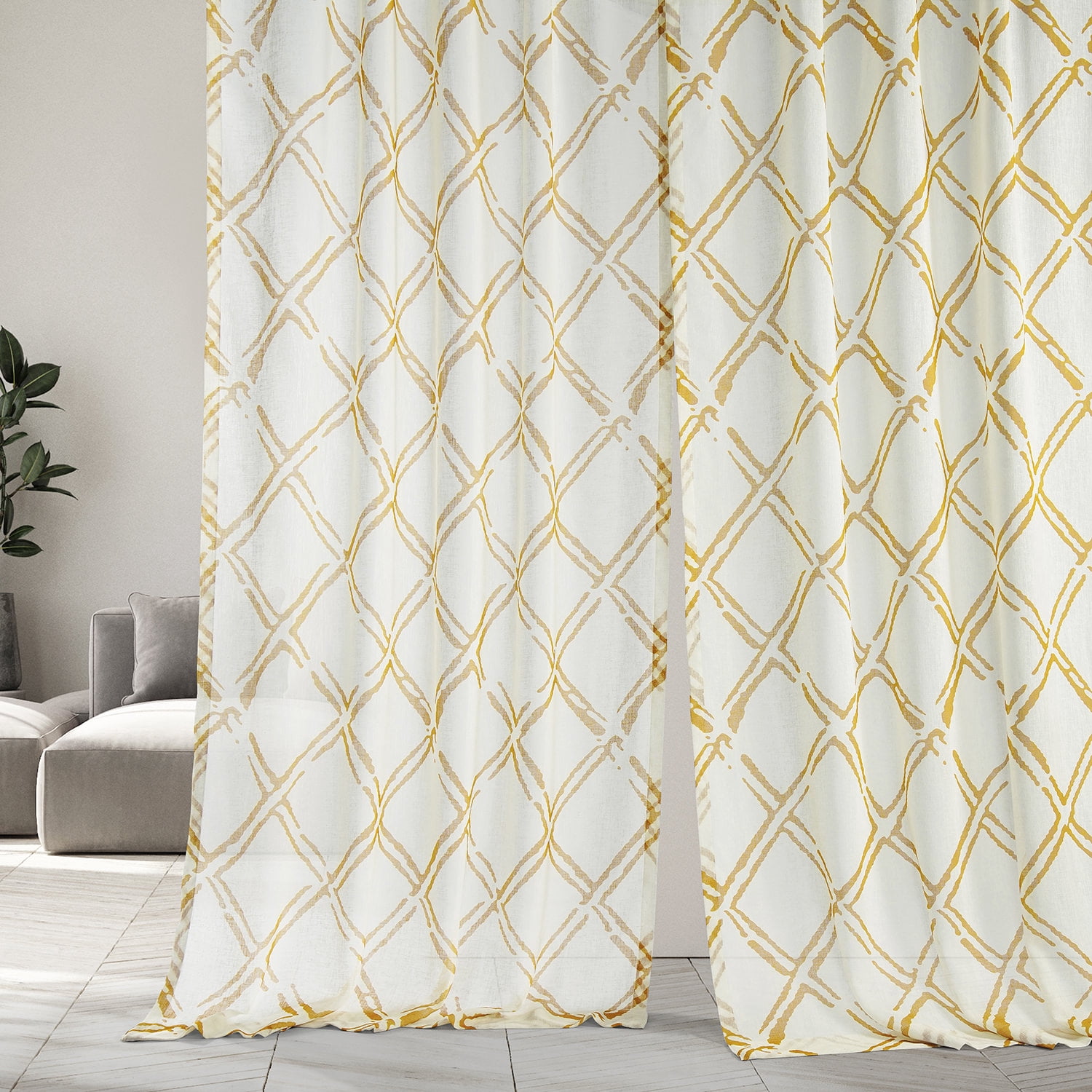 Normandy Gold Printed Faux Linen Sheer Curtain (1 Panel), Normandy Gold, 50W X 96L