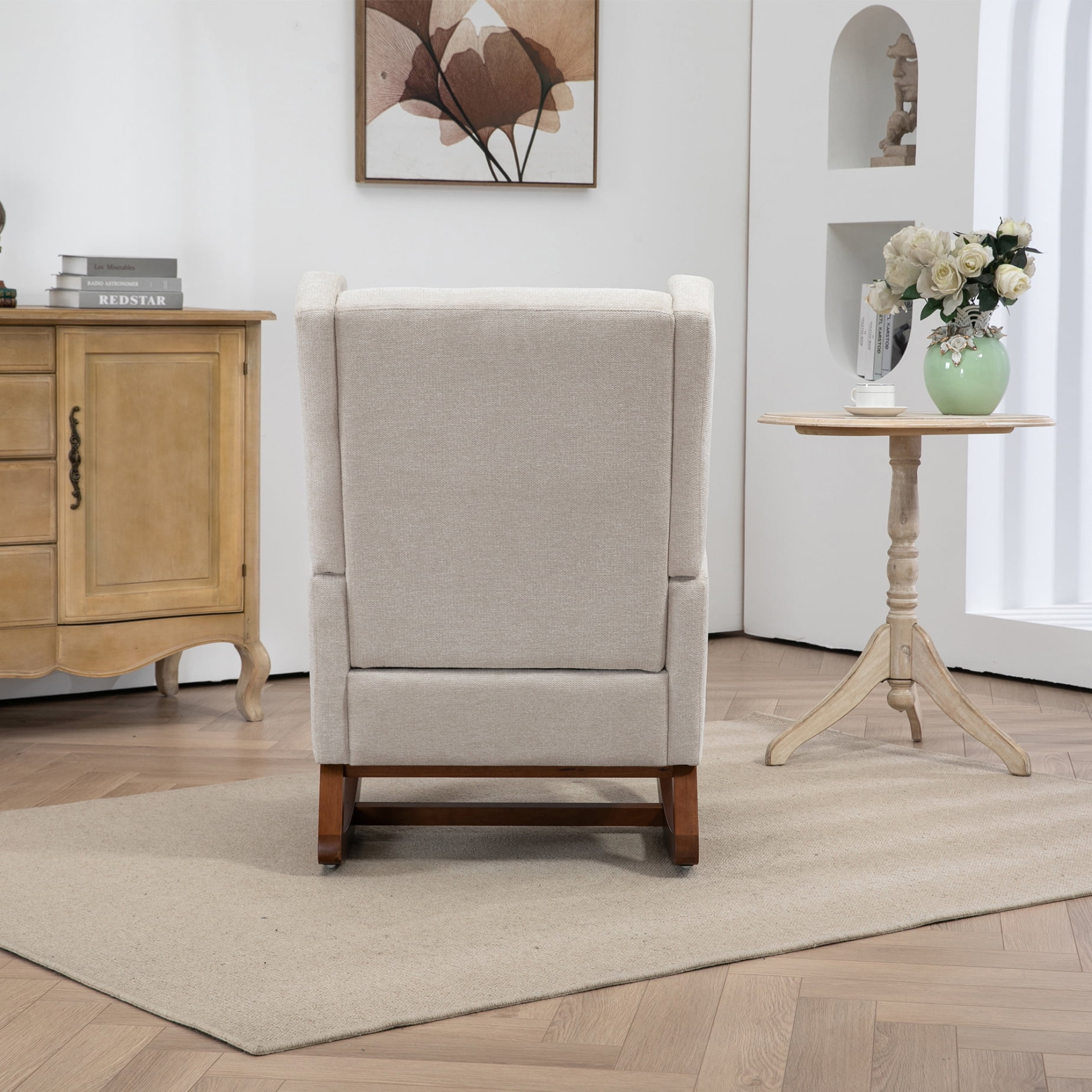 Modern Rocking Chair with Retractable Footrest & Side Pocket, Comfortable Upholstered Wingback Glider for Nursery and Living Room, Sturdy Wood Frame, Beige