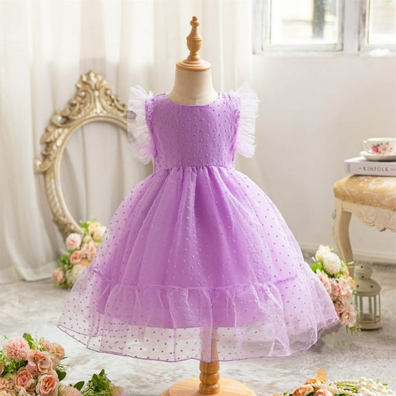 Riecok Girls Lace Dresses Bowknot Princess Dresses Birthday Party Wedding Gown Kids Dresses for Toddler Kids Baby Solid Color Toddler Kids Girls Back School Dress Purple 8 Years