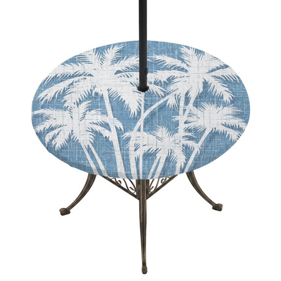 Round Outdoor Tablecloth with Umbrella Hole and Zipper, Tropical Palm Tree Tablecloth with Elastic Waterproof, Vintage Sky Blue Exotic Botanical Plants Patio Table Covers for 45" - 54" Pool Tables