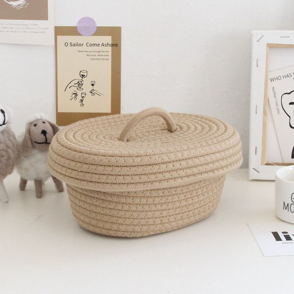 Round Cotton Rope Storage Basket with Lid Woven Baskets Soft Small Decorative Boxes Organizer Bins for Home Bathroom Decor and Organizing Khaki