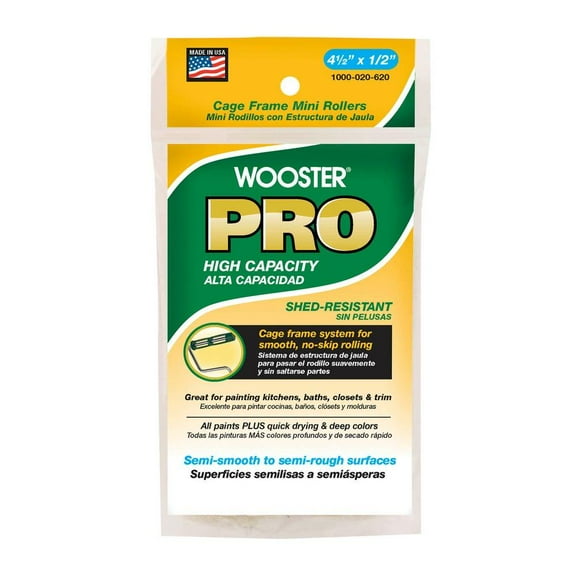 WOOSTER PRO CAGE FRAME KNIT MINI ROLLER COVERS,  HIGH CAPACITY, SHED-RESISTANT, 4-1/2 IN. X 1/2 IN.