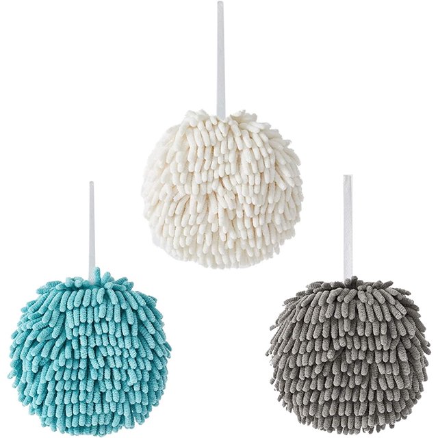 Chenille Hand Towel Ball Quick Dry Hand Ball Absorbent Soft Towel Kitchen Bathroom 3 Pack (White+Blue+Grey)