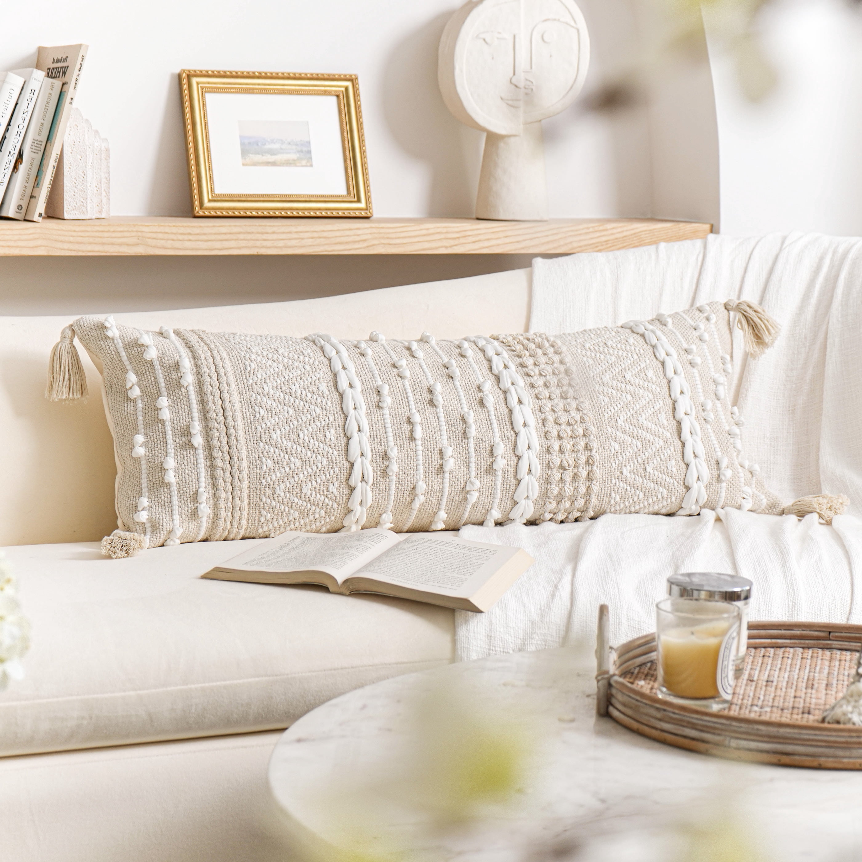 BLISSBLUSH Cream Decorative Lumbar Throw Pillow Cover 14x36 Boho Long Cushion for Bed Neutral Beige White Accent Modern Farmhouse Pillowcase for Bedroom Living Room Couch Sofa Home Décor COVER ONLY