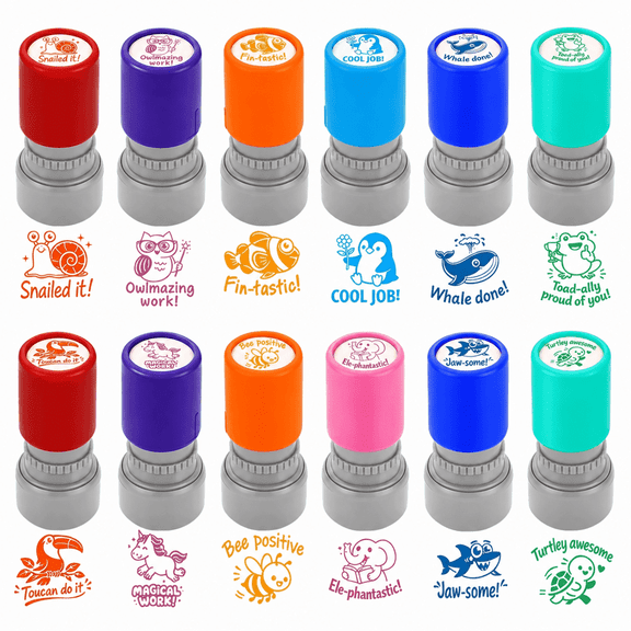 12Pcs Animal Teacher Stamps for Classroom, Teacher Appreciation Gifts, Self Inking Grading Stamps Set | Motivational Student Reward Stamps with Bees Sharks Owls, Classroom Essentials for Elementary