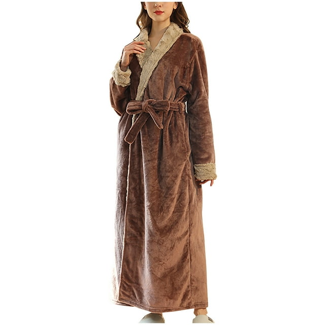 Penkiiy Peignoir en Molleton Peignoir de Bain pour Femmes d'Hiver Chaud Robe de Nuit Peignoir pour Couple Hommes et Femmes et Robe de Nuit d'Hiver TG Café