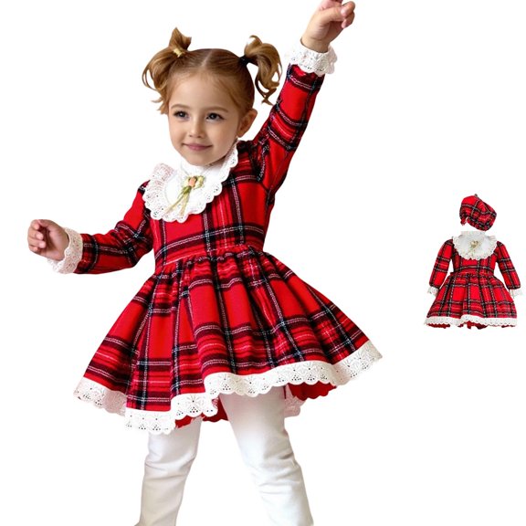 HJYCHN Christmas Dress Long Sleeve Plaid Print Party Gown with Hat for Toddler Dress 18-24 Months