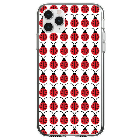 DistinctInk Clear Shockproof Hybrid Case for iPhone 12 / 12 PRO (6.1" Screen) - TPU Bumper, Acrylic Back, Tempered Glass Screen Protector - Red White Black Lady Bugs