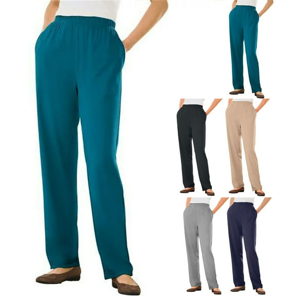 Women's Straight Leg Casual Pants with Pockets and Elastic Waist Comfortable Solid Color Trousers for Everyday Wear