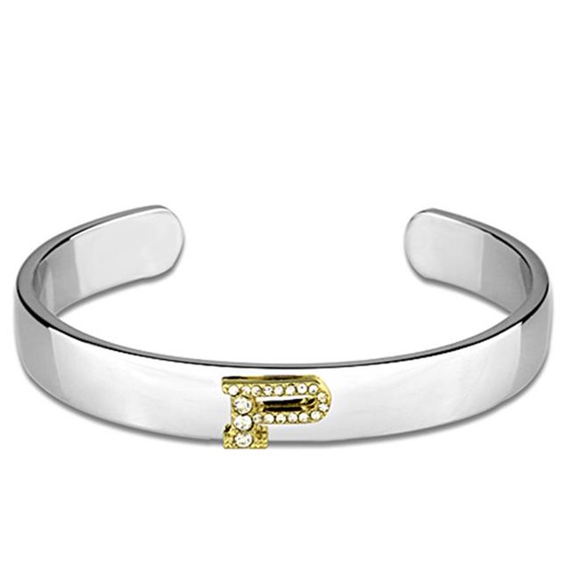 Women Reverse Two-Tone White Metal Bangle with Top Grade Crystal in Clear - 6.75 in.