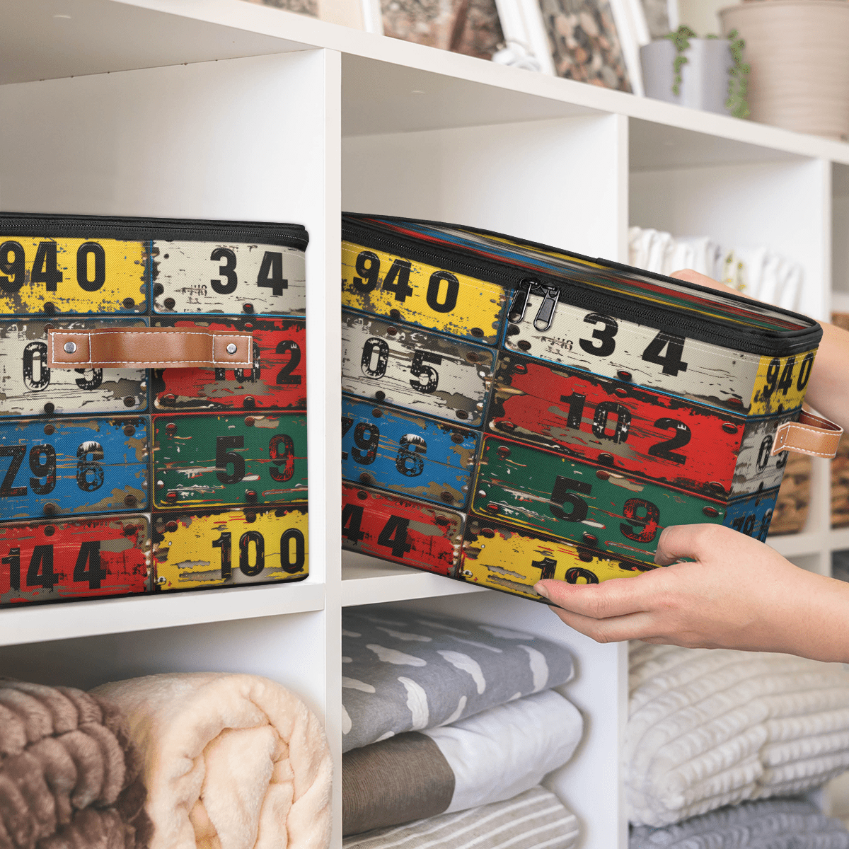 CURLYOOT Vintage License Plate Numbers Fabric Storage Bins with Lids, Foldable Storage Boxes Washable Storage Cube, Closet Bedroom Home Organizer Containers with PU Leather Handles