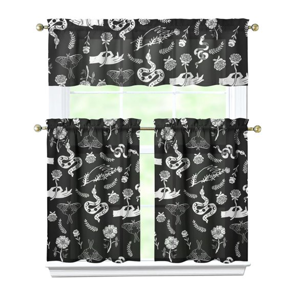 Kitchen Curtains 36 Inch Short - 3 Panel Set, Gothic Celestial Sun and Moon Print, Mystical Starry Night Astrology Aesthetic, Rod Pocket Window Curtain, Easy Wash