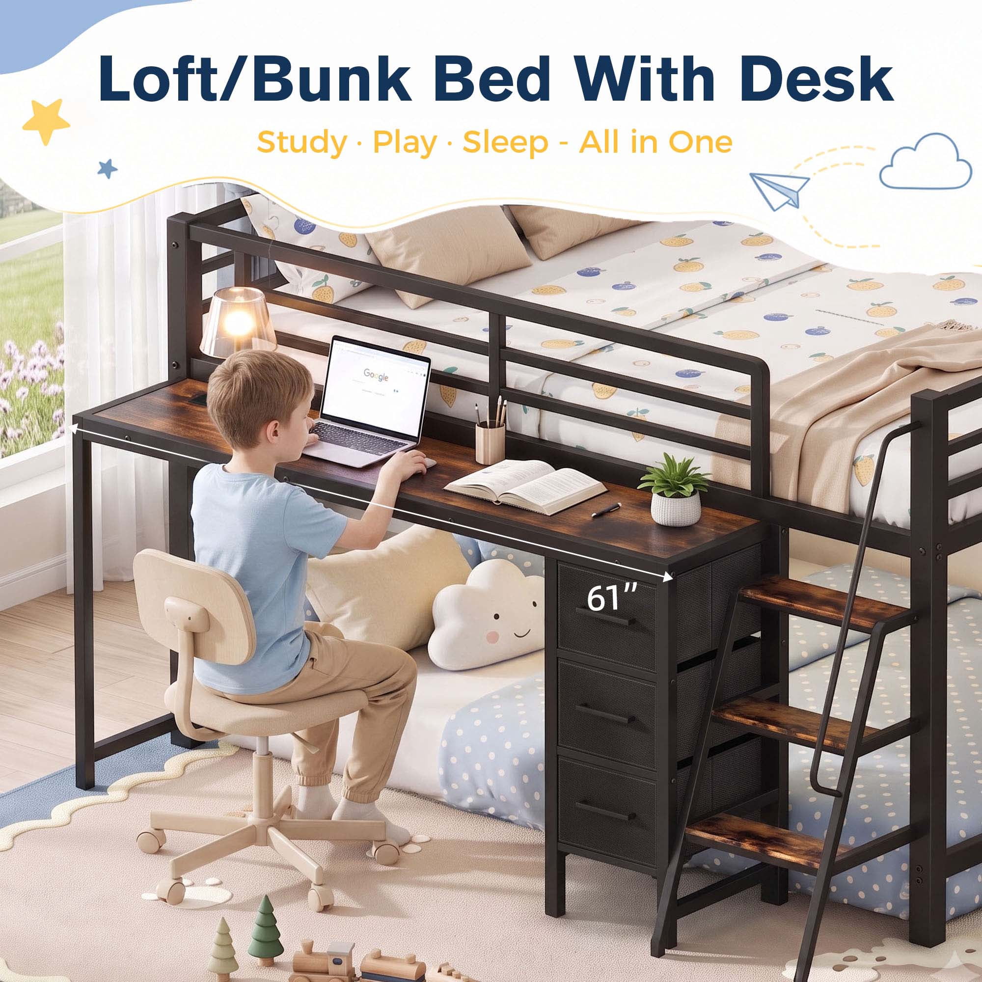 Miniyam Full Size Metal Low Loft Bed with Desk and 3 Drawers, Charging Station and Wide Steps, Black