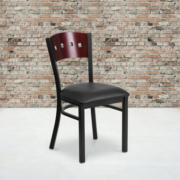 BizChair 2 Pk. Black 4 Square Back Metal Restaurant Chair - Mahogany Wood Back, Black Vinyl Seat