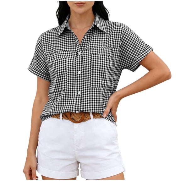 Iyufng Checkered Blouses for Women Short Sleeve Collared Button-Down Blouses Summer Casual Tops