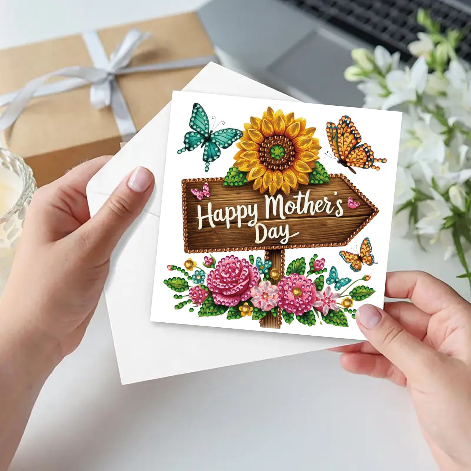 FLOPESN DIY Mother's Day Diamond Art Greeting Card Kit with White Envelope, 5.91X11.81in Flowers Theme, Creative Design Blessing Gift Folding Card Set