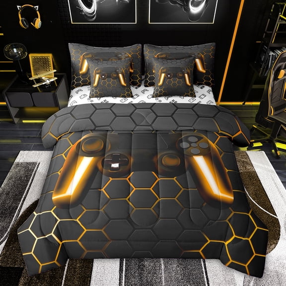 Feelyou Neon Gold Gamepad Twin Bedding Sets 7-Piece, Chic Honeycomb Abstract Bedding Comforter Set, Teens Kids Boys Girls Reversible Sheet Sets, Luxury Bedroom Decor