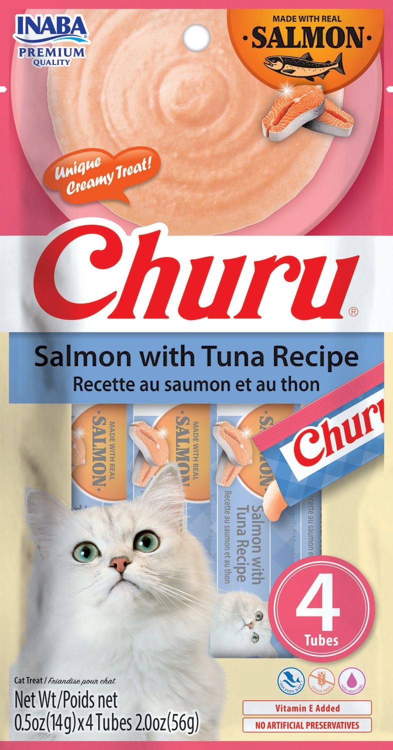 Friandises pour chats INABA Churu, purée crémeuse à lécher sans céréales avec vitamine E - Recette saumon et thon 4 tubes de 56 g (4 x 14 g)