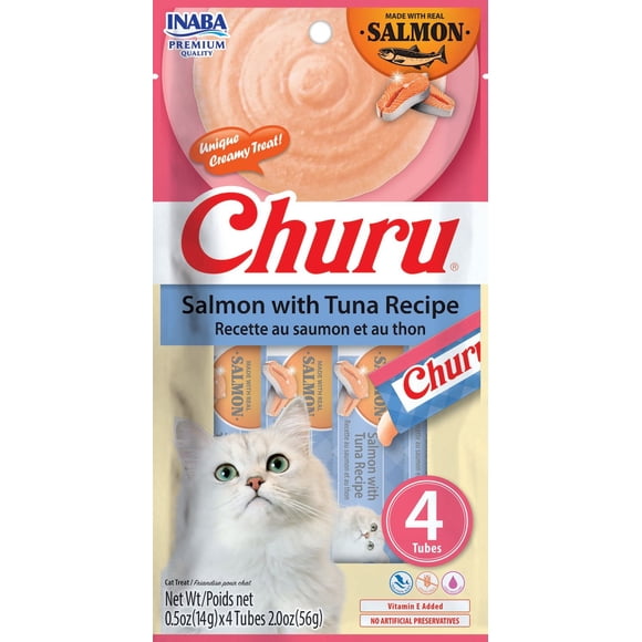 INABA Churu Cat Treats, Grain-Free Lickable Creamy Purée with Vitamin E - Salmon with Tuna Recipe 4 tubes