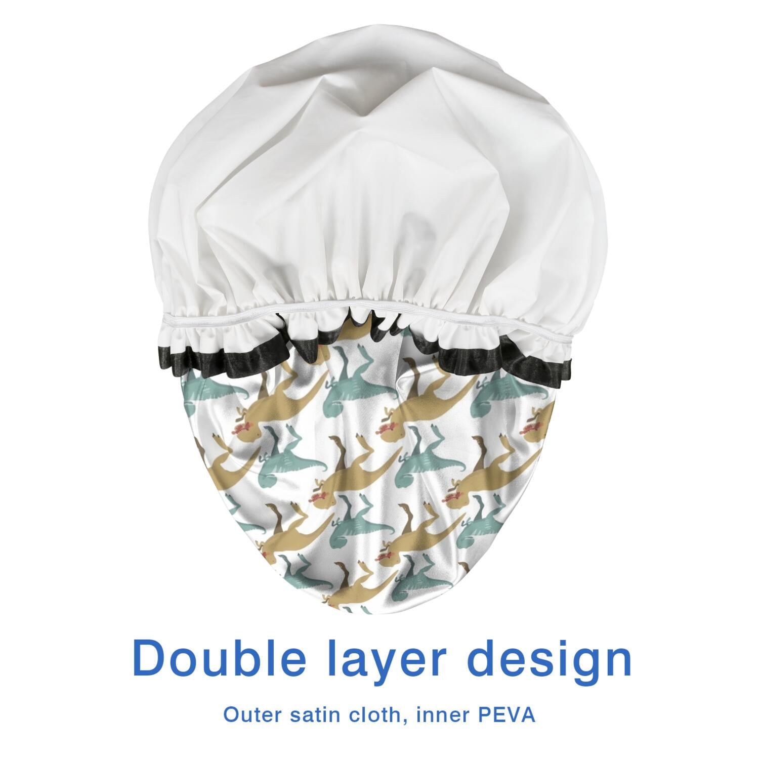 Shower Caps,White Cartoon Dinosaurs Waterproof Shower Cap for Women 4 Pieces,Double Reusable Hair Cover for Shower PEVA Elastic Stretch Hem
