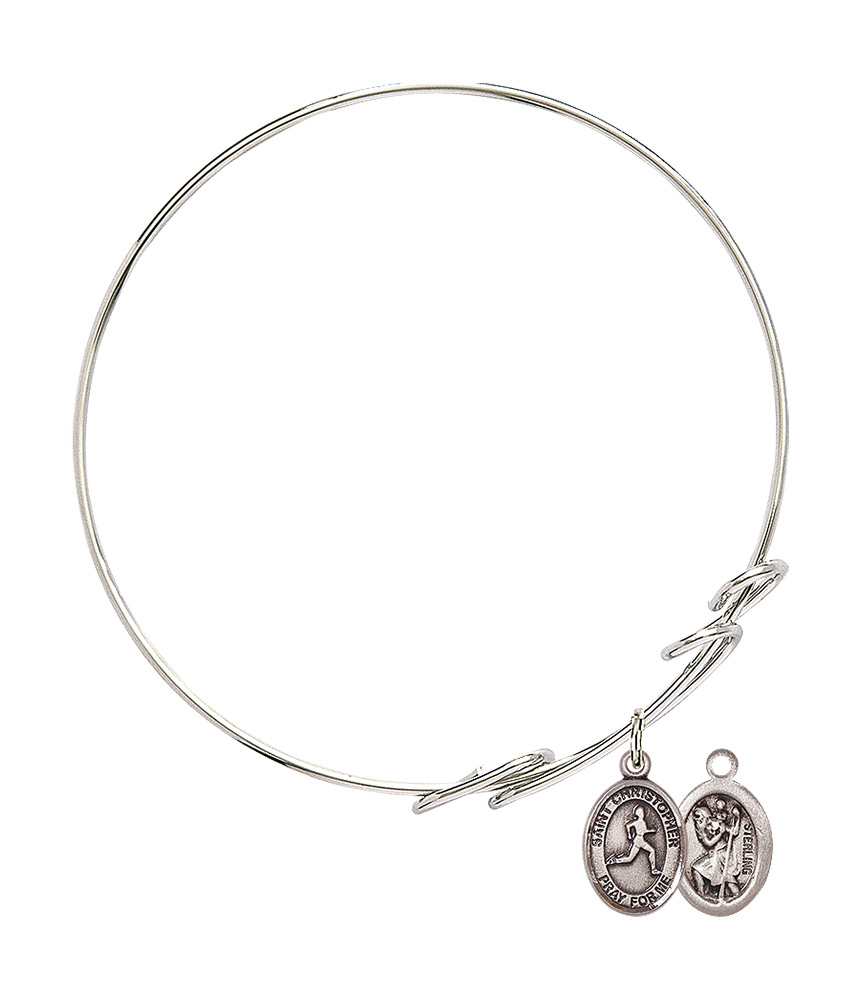 7 1/2 inch Round Double Loop Bangle Bracelet w/ St. Christopher/Track & Field in Sterling Silver