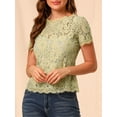 thumbnail image 6 of MODA NOVA Junior's Scalloped Trim Short Shirred Sleeves Sheer Floral Lace Blouse Green S, 6 of 7