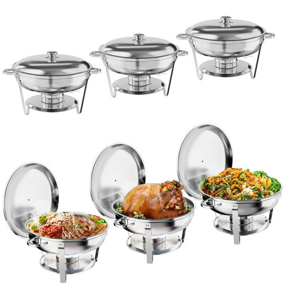 Chafing Dish Buffet Set of 6, Round Stainless Steel Food Warmers with Water Pan, Lid, Frame, Fuel Holder for Catering and Parties