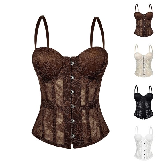 Women's Vintage Floral Lace Spaghetti Strap Corset Bustier Top, JIANLAI Sweetheart Neck Front Hook Boned Structured Waist Cincher Crop Tank Top
