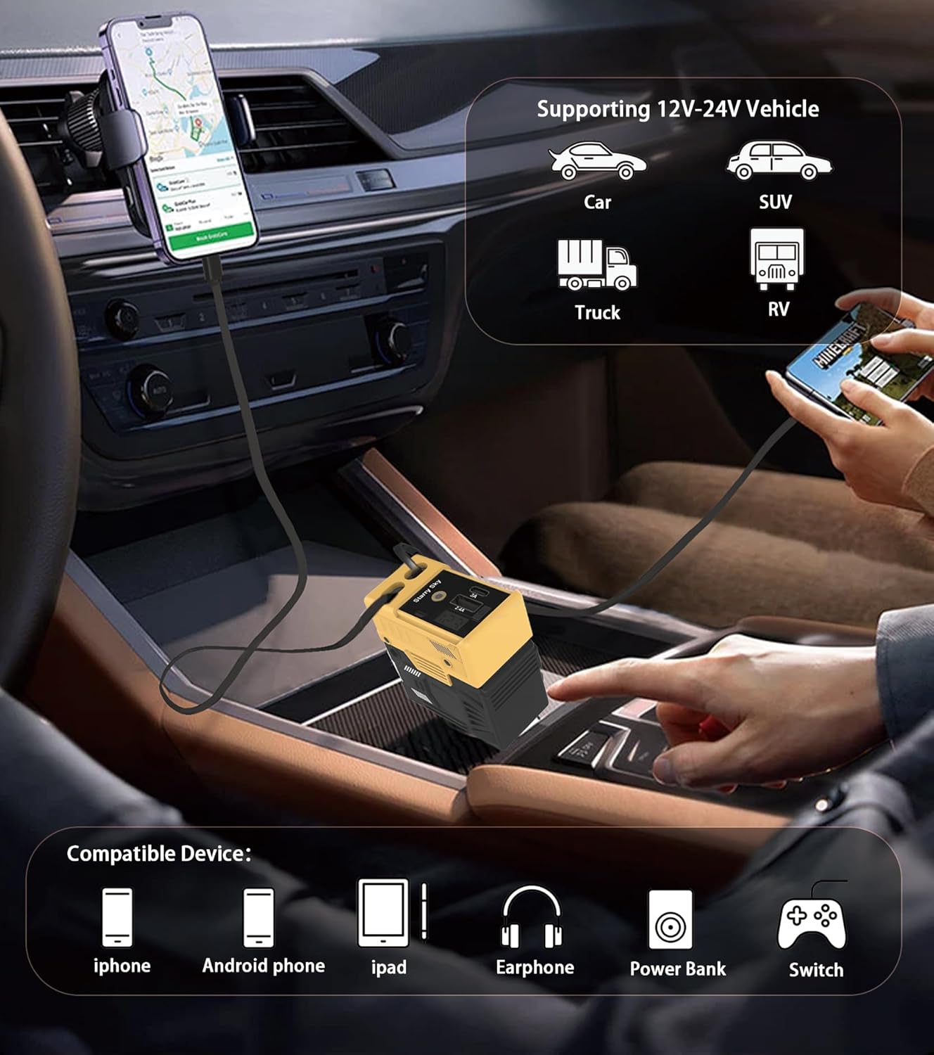 Retractable Car Charger with Starry Light, 4 in 1 Retractable Phone Charger with 66W Fast Charging, 2 Retractable Cables & 2 USB-C USB-A Port Compatible for iPhone 16/15/14/13/12/11,Samsung, Yellow